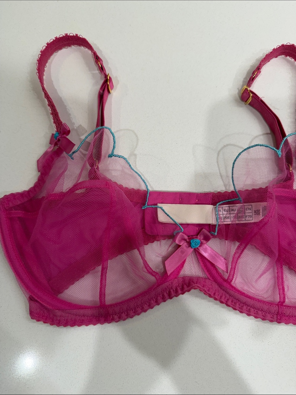 Agent Provocateur Lorna Plunge Underwired Hot Pink/Turquoise Bra Size 32E